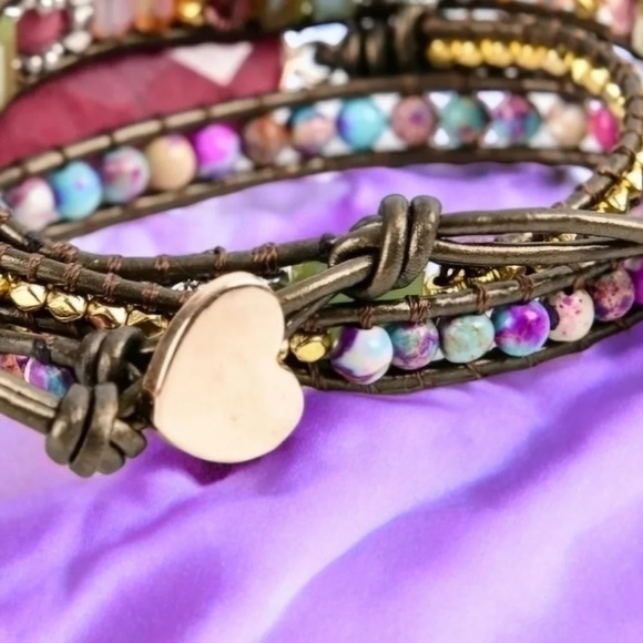 🆕️Elegant Triple Wrap Leather Bracelet Rhodonite Jasper Crystal Beads Jewelry - Picture 8 of 12